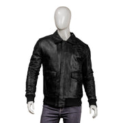 Men's Real Sheepskin Leather Bomber Jacket - Solid Black with Ribbed Cuffs & Collar