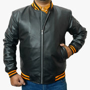 Men's Black Real Leather Bomber Jacket with Orange Trim