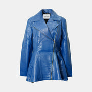 Women's Blue Peplum Real Lambskin Leather Jacket