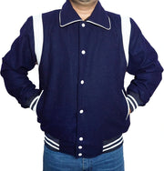 Byron Collar Navy Blue Letterman Varsity Baseball Jacket- with White Stripes