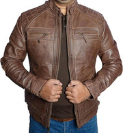 Men's Chocolate Brown Quilted Biker Style Leather Jacket