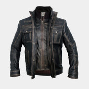 Men’s Distressed Leather Motorcycle Jacket – Black