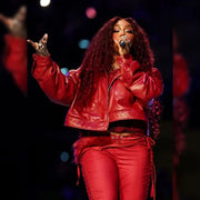 SZA Super Bowl LIX red leather jacket front view