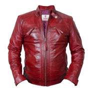 Mens Burgundy Quilted Biker Style Real Leather Jacket