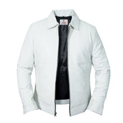 Mens Shirt Collar Off White Real Leather Jacket