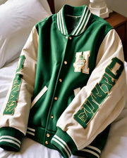 Classic green and white letterman jacket front view