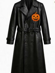 Halloween Lantern Pumpkin Black Leather Trench Coat