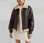 Handmade Shearling Aviator Pilot Jacket , Brown Sheepskin Genuine Leather Bomber Jacket for Women