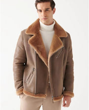 men brown shearling leather jacket with fur collar