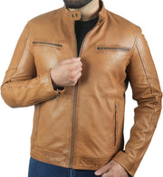 Men’s brown lambskin leather biker jacket with zippered pockets and café racer design