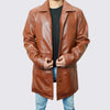 Mens Tan Brown 3/4 Length Leather Button Down Car Coat