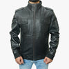 Men’s Black Leather Jacket with Front Flap Pockets and Ribbed Hem
