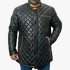 Mens Black Diamond Quilted Leather Car Coat With Brown Detailing