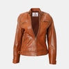 Womens Tan Brown Cafe Racer Real Lambskin Leather Quilted Biker Jacket