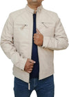 Men’s Beige Leather Biker Jacket – Quilted Shoulder Café Racer Style
