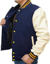 Navy Blue Wool Varsity Jacket with Cream Leather Sleeves & Quilted Lining