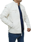 Mens Off White Quilted Cafe Racer Leather Jacket