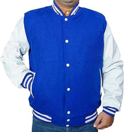 Men's Blue Varsity Jacket Real White Leather Sleeves