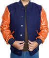 Men’s Navy Blue Wool Varsity Jacket with Orange Faux Leather Sleeves – Classic College Style