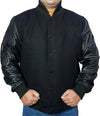 All-Black Varsity Letterman Jacket Wool Body Genuine Cowhide Leather Sleeves