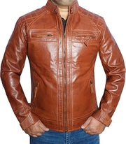 Men's Cognac Brown Biker Style Leather Jacket - Quilted Shoulder