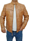 Men's Quilted Shoulder Waxed Camel Brown Cafe Racer Leather Jacket