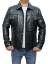 Mens Four Pockets Black Real Leather Trucker Jacket