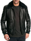 Men's Air Force Leather Bomber Jacket with Fur Collar - Black