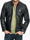 Men's Distressed Black Goatskin Leather Jacket – Quilted Shoulders, Slim Fit, Zipper Closure & Stand-Up Collar