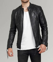 Men’s Diamond Quilted Real Sheepskin Leather Jacket – Black