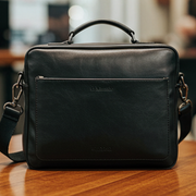 Black Vegan Leather Laptop Bag  – Slim Professional Briefcase with Shoulder Strap – Modern Business Messenger Bag