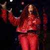 SZA Super Bowl LIX red leather jacket front view