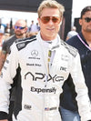 White Grand Prix racing jumpsuit with front zipper and stand-up collar