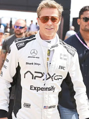 White Grand Prix racing jumpsuit with front zipper and stand-up collar