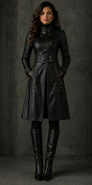 Women's black genuine leather trench coat with belted waist and biker styling