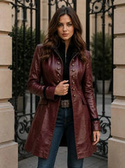 Women's burgundy genuine lambskin leather military frock coat