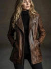 Women's distressed brown genuine sheepskin leather jacket in slim-fit longline moto style