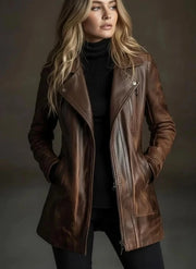 Women's distressed brown genuine sheepskin leather jacket in slim-fit longline moto style