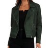 Women’s olive green suede biker jacket with notch lapels
