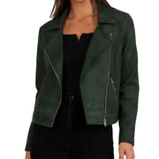 Women’s olive green suede biker jacket with notch lapels