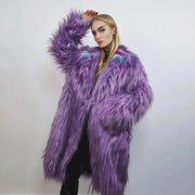 Women's purple shaggy faux fur long coat with lavender and blue accents