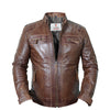 Men's Chocolate Brown Cafe Racer Real Leather Jacket - Quilted Shoulders