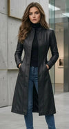 Women's Black Genuine Leather Trench Coat – Handmade Long Duster Jacket