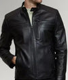 Men’s black lambskin leather café racer biker jacket with aniline finish and zippered pockets