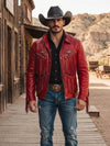 Men's Crimson Red Lambskin Leather Fringe Jacket – Genuine Leather Western Rockstar Coat