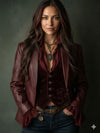 Handmade Women’s Burgundy Genuine Lambskin Leather Blazer Fitted Vintage Jacket.