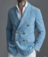 Men's Light Blue Suede Double-Breasted Blazer Jacket – Genuine Leather Luxury Sport Coat
