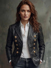 Women's Black Genuine Lambskin Leather Military Jacket – Gold Button Tailored Blazer Coat
