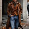 Men's Cognac Brown Suede Leather Long Coat – Genuine Leather Western Trench Overcoat