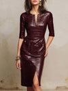 Women's Genuine Lambskin Croc Embossed Leather Bodycon Dress – Vintage Brown & Black Party Dress